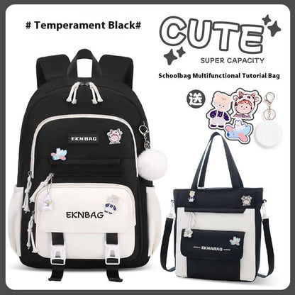 Pink waterproof Oxford cloth school backpack for girls with curved straps on a bookshelf.