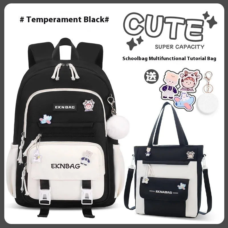 Pink waterproof school backpack for girls with curved ergonomic shoulder straps, shown with matching pencil case.