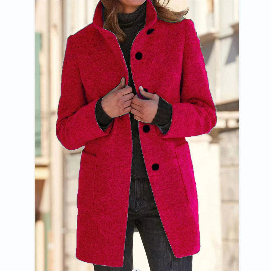 Stylish wool coat with stand collar, pockets, and slim fit design for casual winter wear.