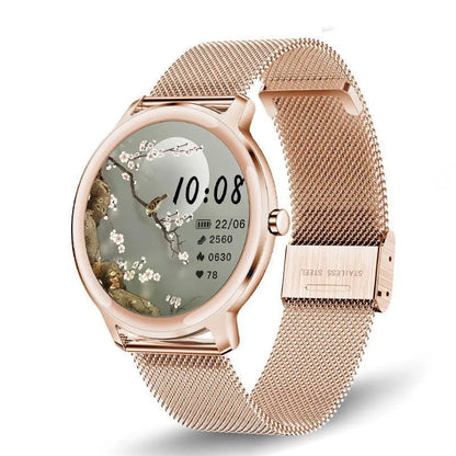 Women's rose gold smart watch with stainless steel mesh band on wrist, showing time on 1.3 inch screen