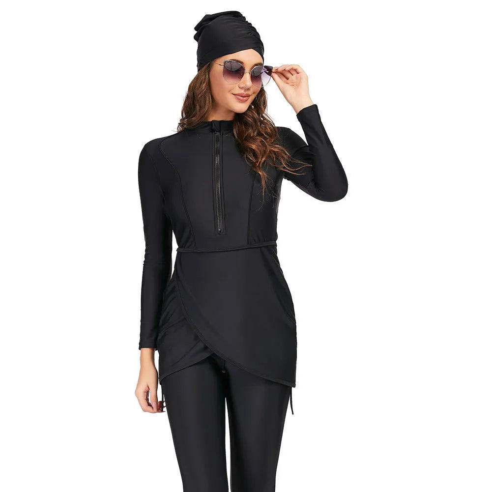 Black conservative Muslim swimsuit for ladies with full coverage, shown as a two-piece set.