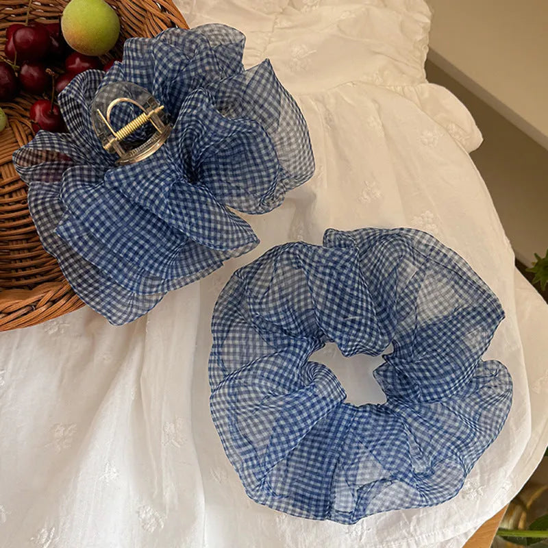 Tibetan blue grid seersucker shark hair clip with matching barrette and hair ring accessories