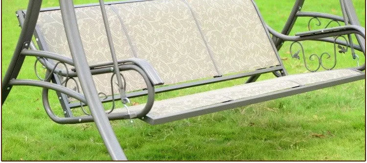 Three-person outdoor swing chair with alloy steel frame and Teslin mesh backrest in rustic design