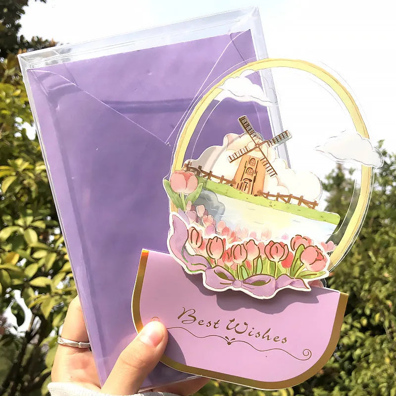 Handmade 3D butterfly greeting card with stand-up artificial flowers on coated paper, 16x10.5cm