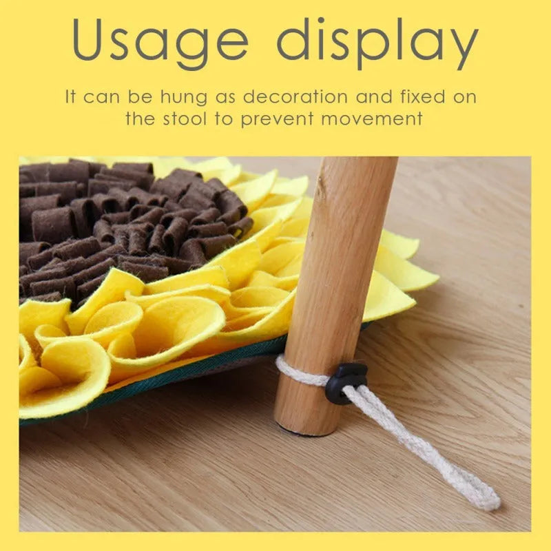 Yellow sunflower snuffle mat for dogs with rope and buckle attachment