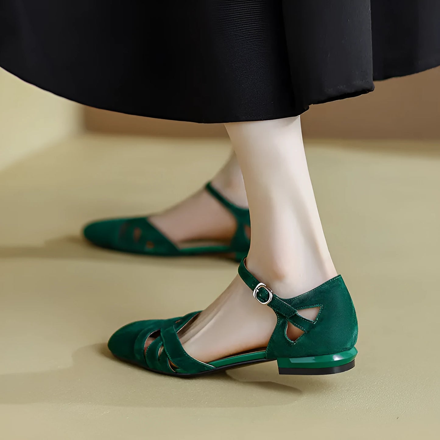 French style retro Roman sandals with buckle fastening in apricot colour showing round toe and rubber sole