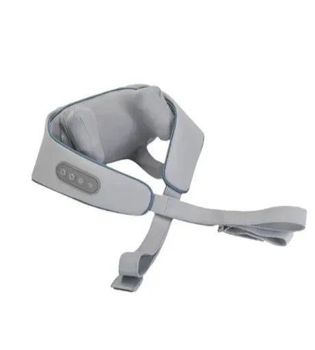 Creamy white rechargeable shoulder and neck kneading massager with USB cable.