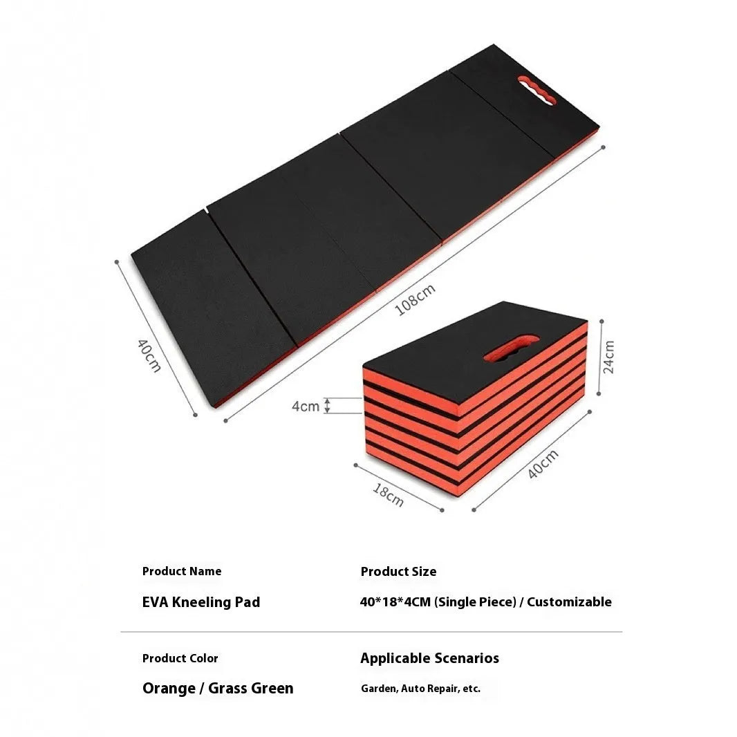 Green EVA foam folding kneeling mat unfolded on a garage floor