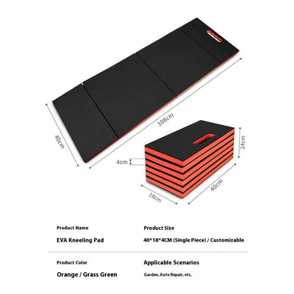 Green EVA foam folding kneeling mat unfolded on a garage floor