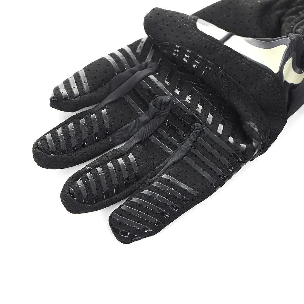 Skull luminous full finger riding gloves in black or khaki, ice silk polyester, touch screen and non-slip, sizes S-XXL