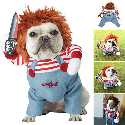 A spooky and adorable Halloween costume for dogs, featuring a menacing mask, ominous accessories, and adjustable design for a comfortable fit.