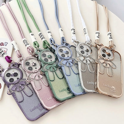Electroplating glitter phone case with lucky bear bracket and crossbody bag element in Dark Night Purple, Gold or Pink