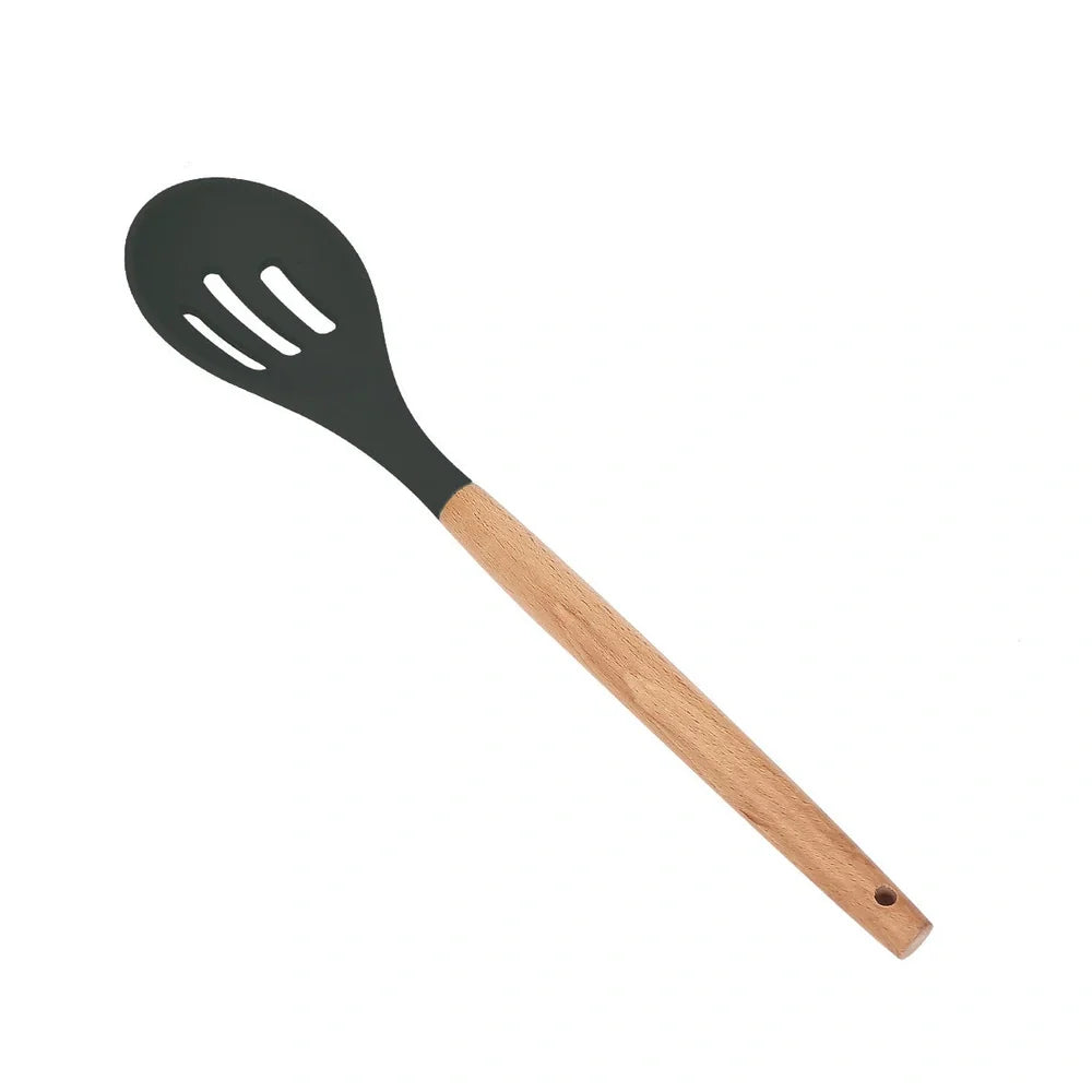Dark grey silicone cooking utensils with wooden handles including spatula, spoon, whisk, and tongs
