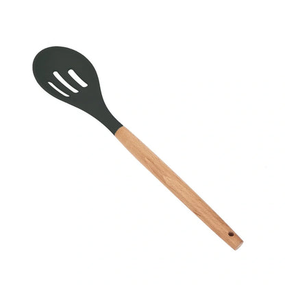 Dark grey silicone cooking utensils with wooden handles including spatula, spoon, whisk, and tongs