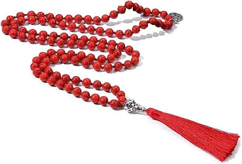 Handmade long stone beaded necklace with 108 8mm beads in a choice of 12 natural colours.