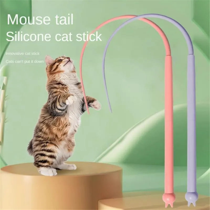 Simulated mouse tail cat teaser toy with blue silicone tail and cat-head handle.