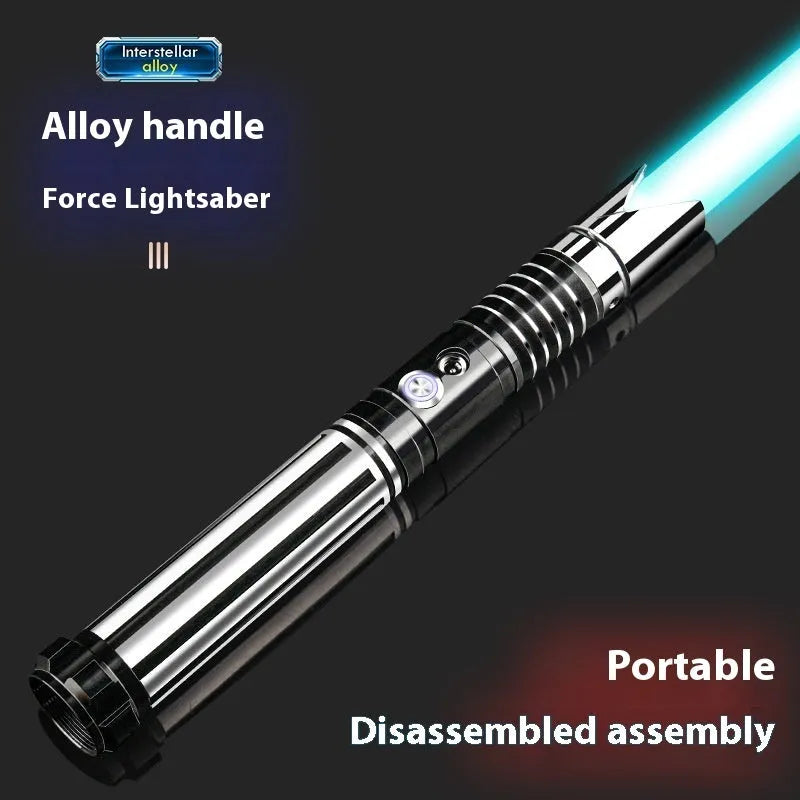 Metal rechargeable laser sword toy with gravity induction, 16 colour-changing lights, and 8 sound effects for children aged 7-14.