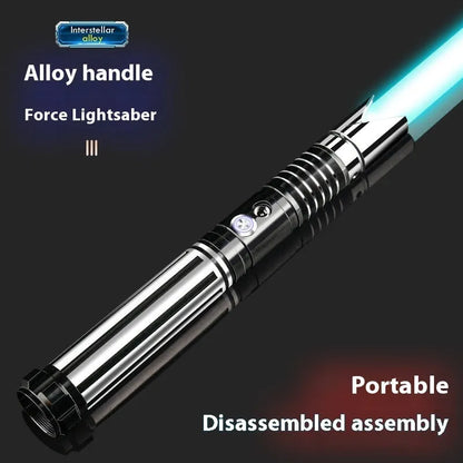 Metal rechargeable laser sword toy with gravity induction, 16 colour-changing lights, and 8 sound effects for children aged 7-14.