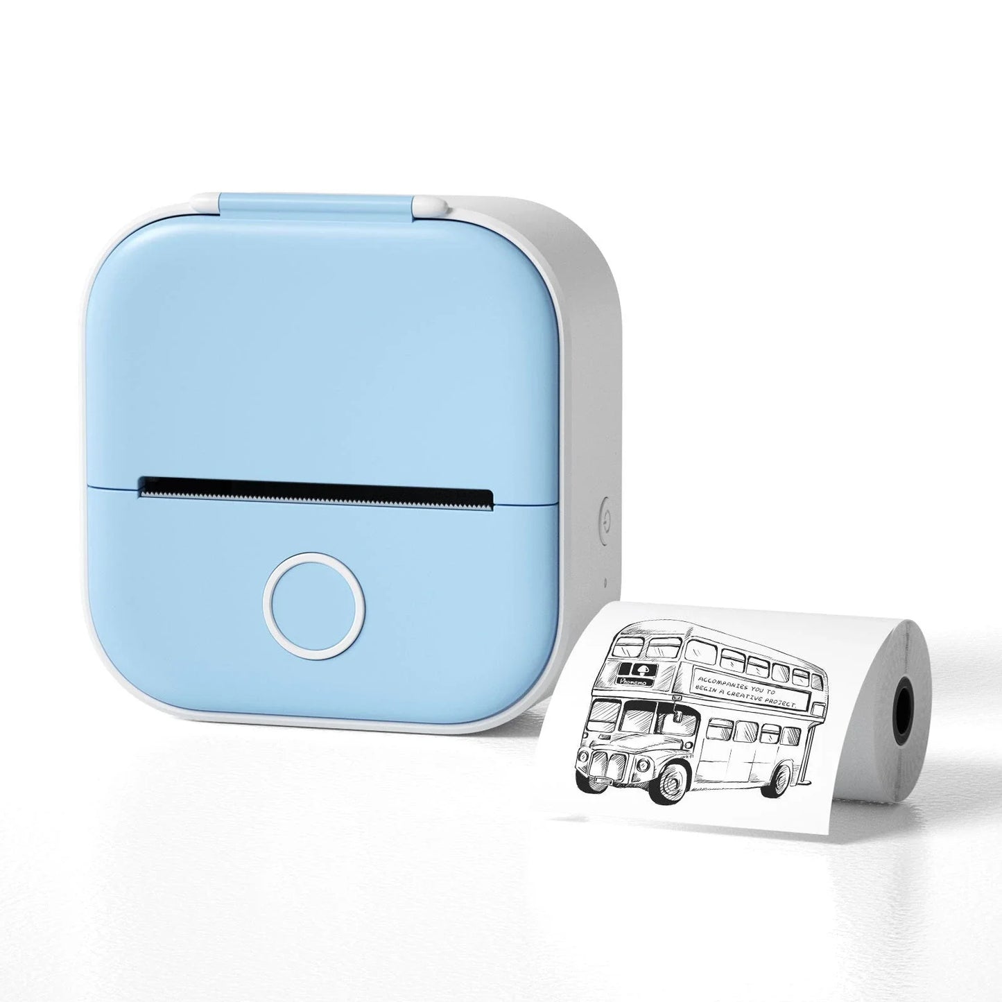 Compact Bluetooth-enabled thermal label printer in white, pink, and green colors with various label options