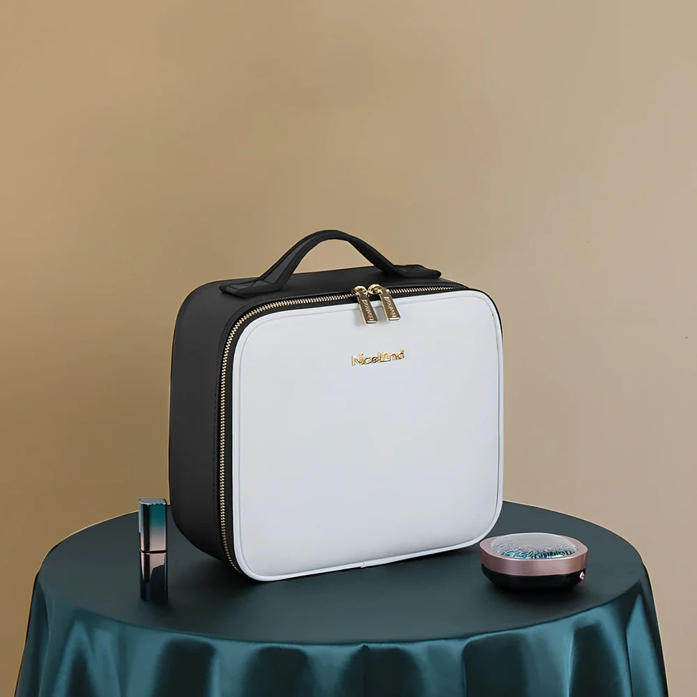 Large cosmetics bag with LED mirror light in black, measuring 26cm wide with USB charger