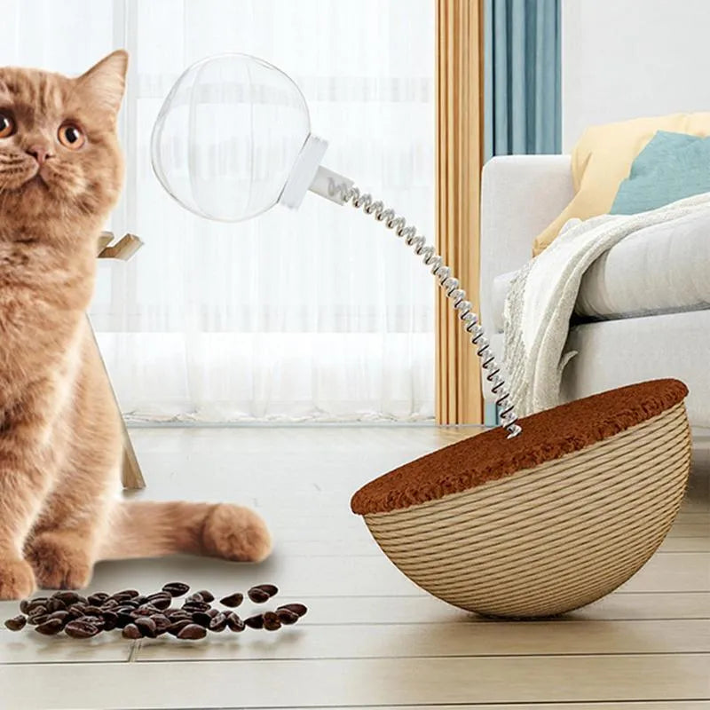 Auto-balancing cat interactive feeder toy in three types: tumbler teaser large, trumpet, and leaking food ball