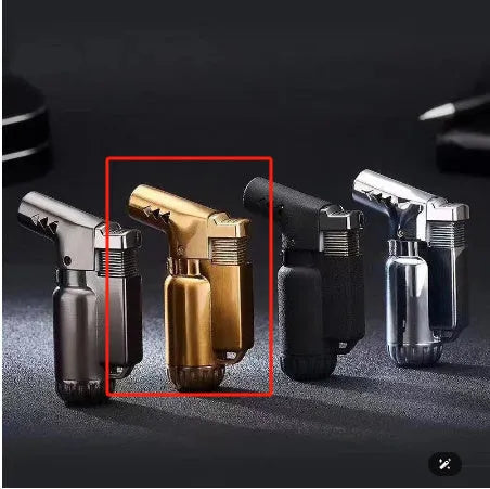HB805-1 full metal windproof lighter in straight punching elbow design on a dark background.