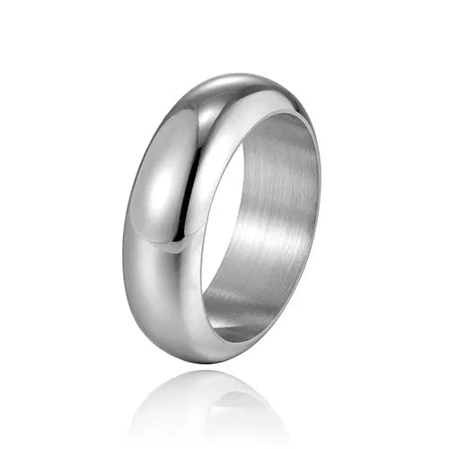 Glossy electroplated titanium steel ring in black, gold, or steel colour on finger