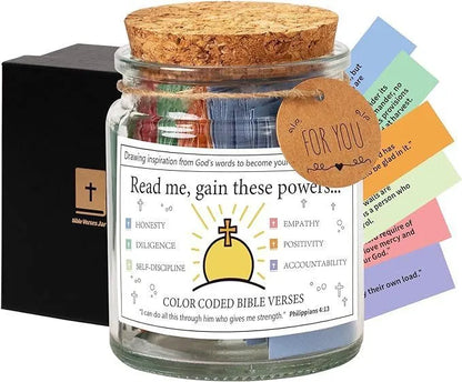 Glass Bible verses jar with cartoon design containing 90 rolled scripture papers in multiple colour options