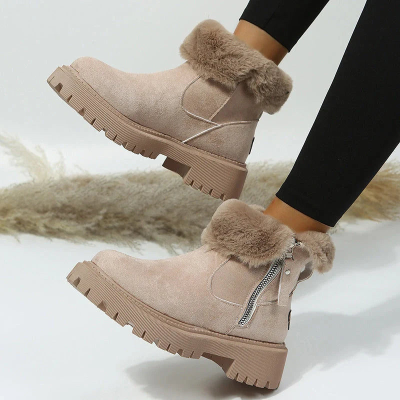Women's snow boots with foldable plush tube and side zipper in black and khaki