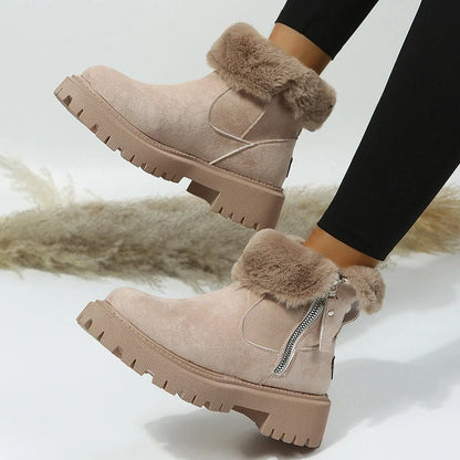 Women's snow boots with foldable plush tube and side zipper in black and khaki