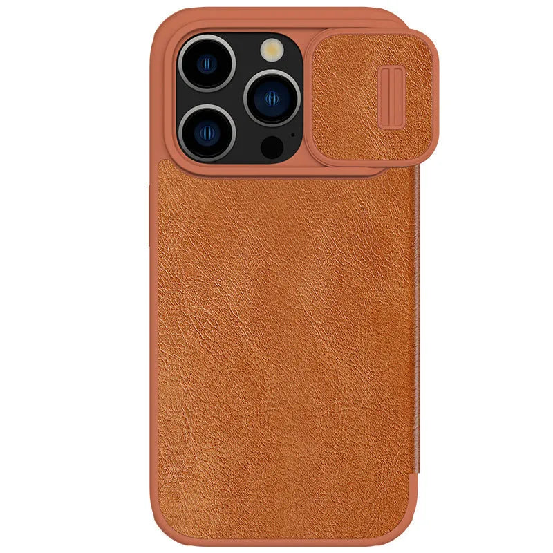 Imitation leather flip phone case for iPhone, shown in black, brown, and red colours.