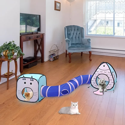 Collapsible grey pet tunnel with cat and fish graphic, shown folded and unfolded