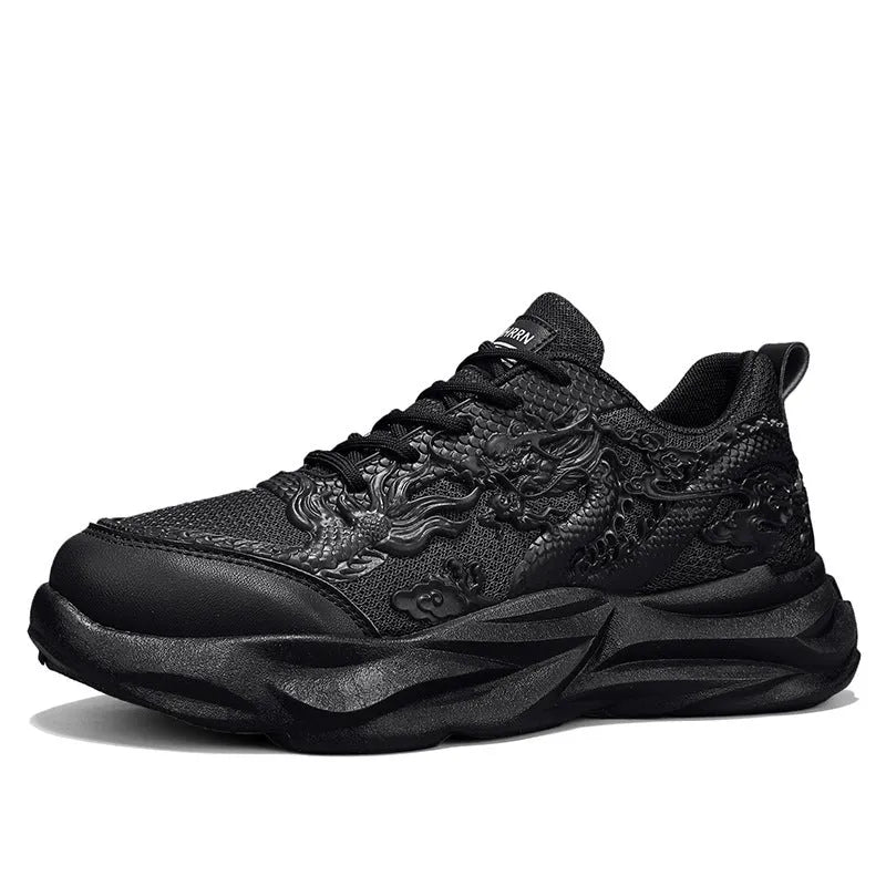 Casual sneakers with Chinese dragon patterns in white jade, golden and dark night designs, rubber soles