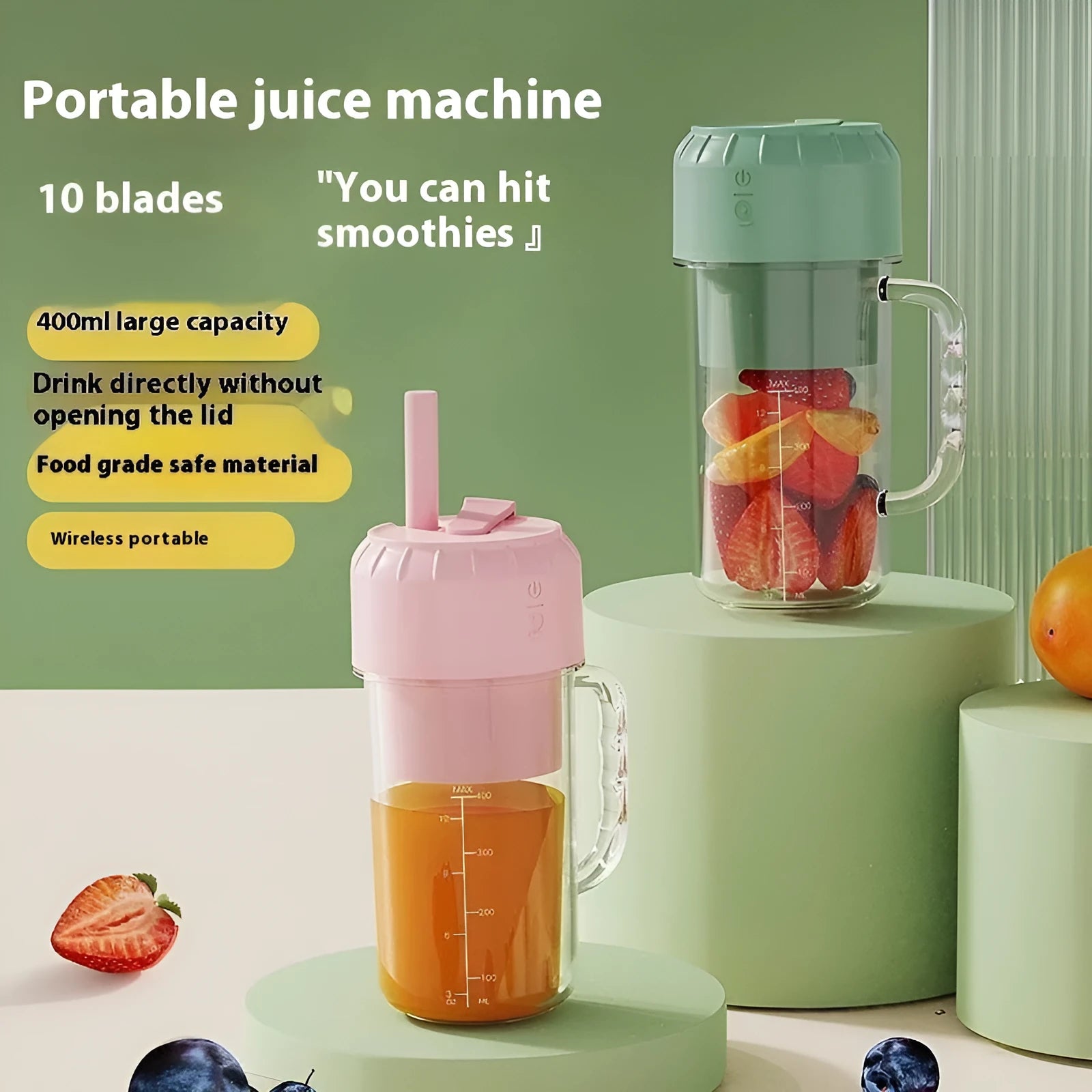 Portable USB-powered juicer in cherry blossom pink or avocado green with 150W motor