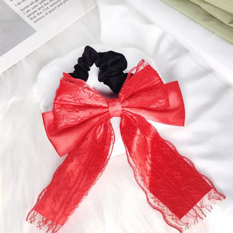 Velvet lace double layer ribbon bowknot hair ring in ivory white and red colours with high elasticity