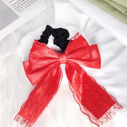 Velvet lace double layer ribbon bowknot hair ring in ivory white and red colours with high elasticity