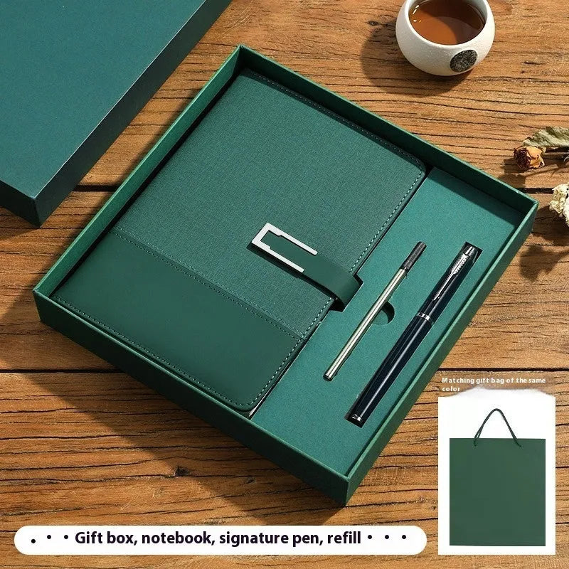 A5 soft PU leather notebook in Business Brown colour, showing thick wood-free paper inside.