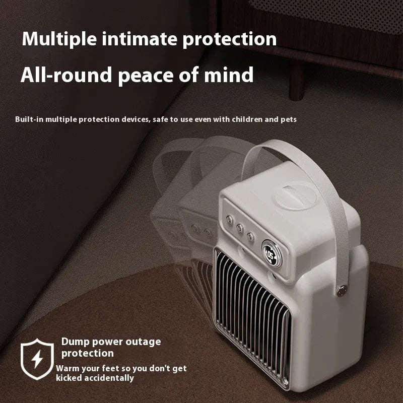 White 1200W room heater with humidifier measuring 19cm by 25cm, showing control panel with temperature and mist settings