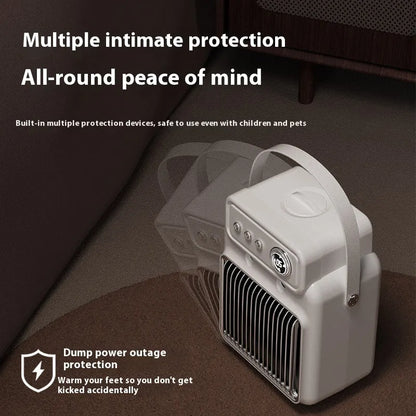 White 1200W room heater with humidifier measuring 19cm by 25cm, showing control panel with temperature and mist settings