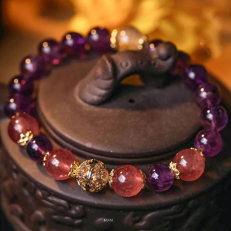 Retro style artificial crystal lucky bracelet for women in yellow gold or amethyst electroplated finish.