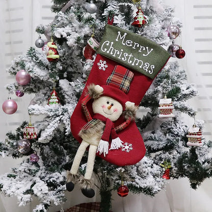 Three Christmas stockings with Santa, Snowman, and Reindeer designs showing 3D appliqué details