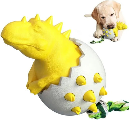 Blue dinosaur-shaped dog chew toy with rope attached, showing textured surface with nubs and grooves