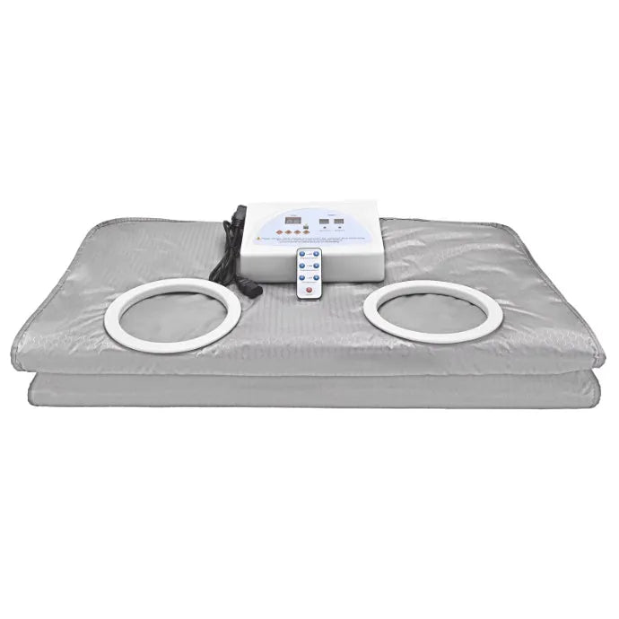 650W electric sauna blanket in grey, pink, or purple, with remote control, sleeves, and power cord.
