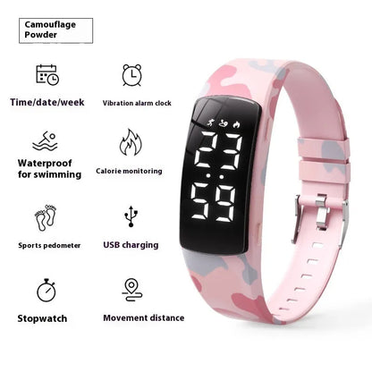 Smart electronic watch with vibration alarm on a silicone strap, showing LED display and 11mm thick case.