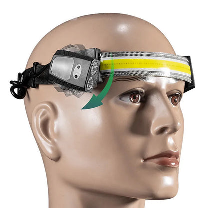 Black multifunctional headlamp with gesture sensor, COB panel, and two XPE LEDs for outdoor and emergency use.