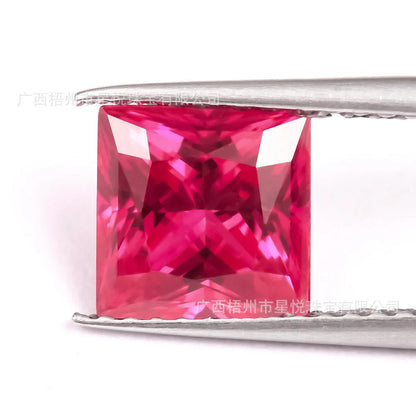 Synthetic pigeon blood red ruby gemstone showing egg shape, round, and princess square cuts