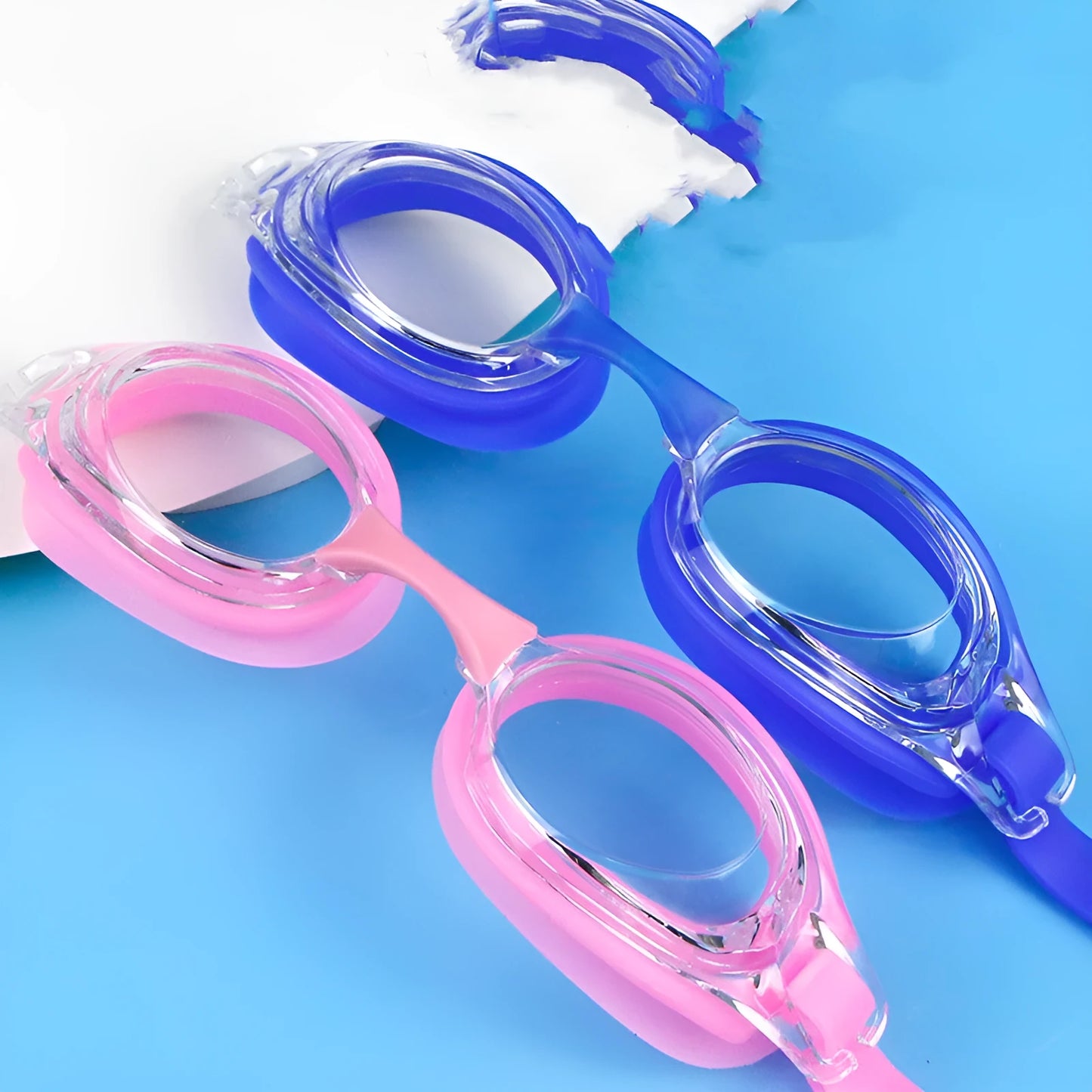 HD waterproof non-fogging swimming goggles in black, available in plain or myopia corrective versions with a case.