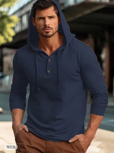 Men's casual cotton sports hoodie in pullover style with long sleeves, showing colour options