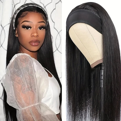 Headband wig with high temperature fibre hair in black straight, black curly, and wine red colour options