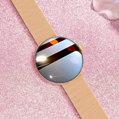 Women's smart watch with circular colour touch screen and metal strap in black, gold, or silver steel.
